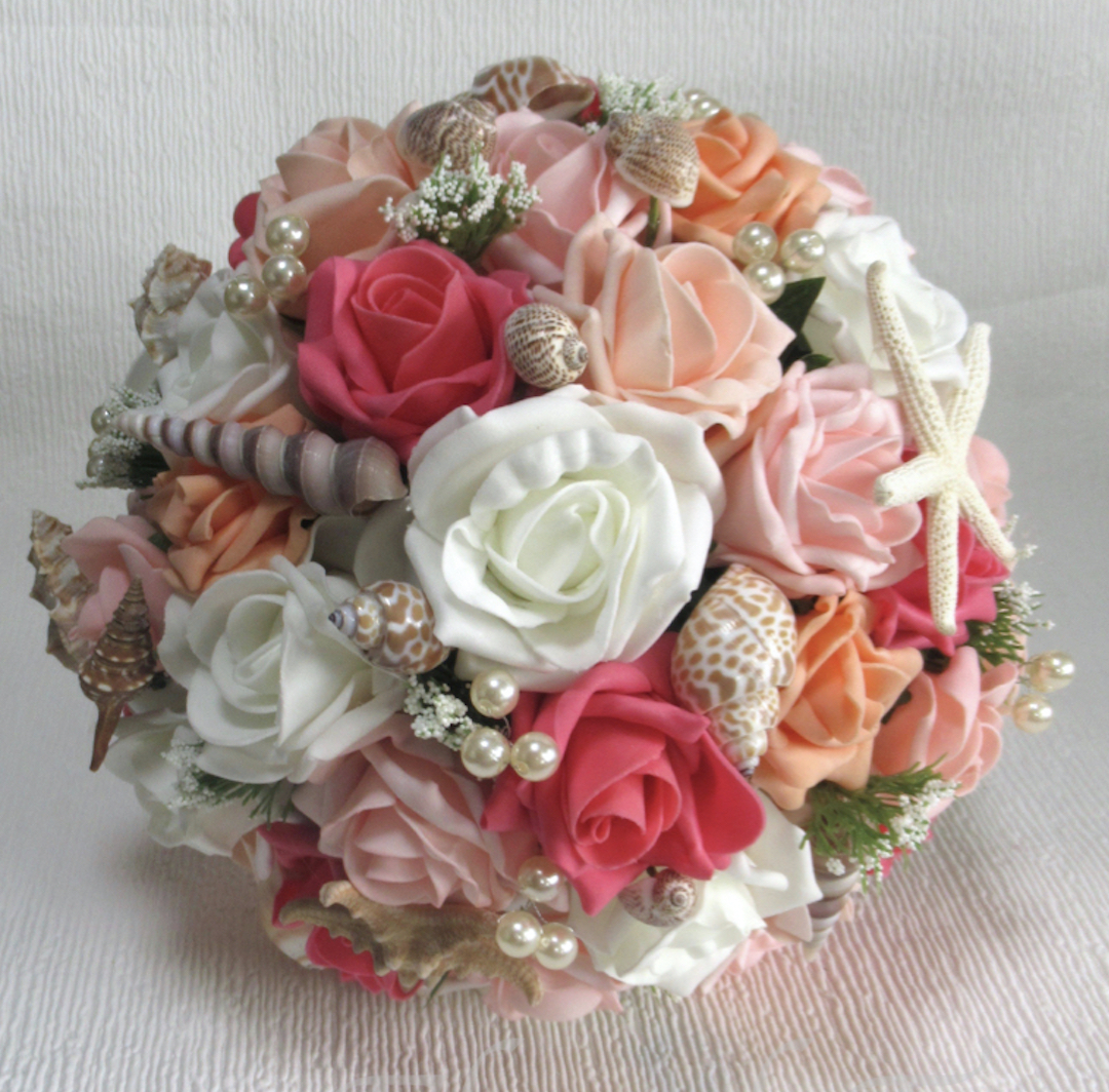 Coral, Peach & Ivory Sea Shell Bridal Bouquet